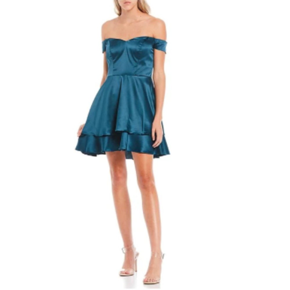 B. Darlin Dark Teal Blue Off-the-Shoulder Double Hem Satin Fit & Flare Dress